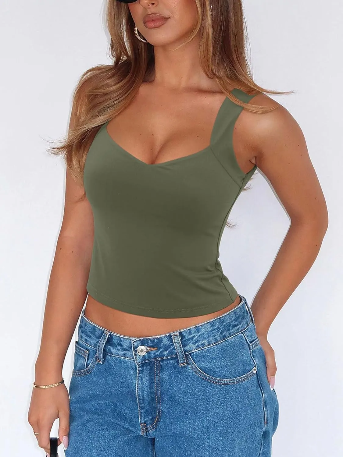 REORIA Women's Sexy V Neck Crop Tank Top Y2K Slim Going Out Top Double Lined Basic Shirt