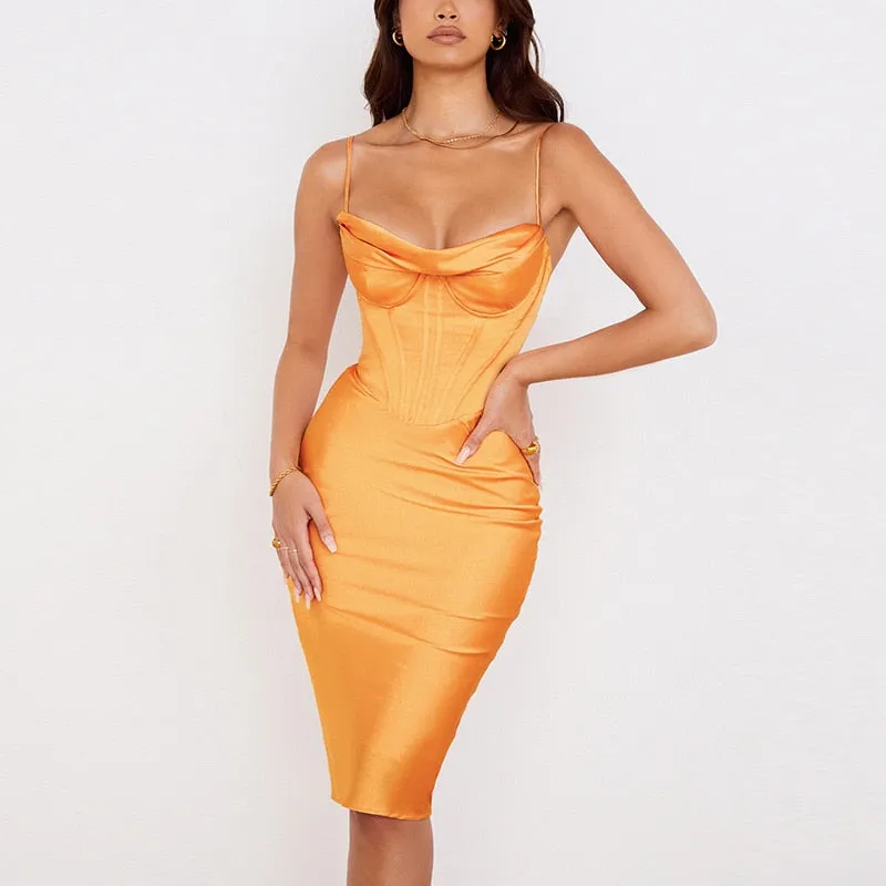 Satin Corset Strappy Midi Dress