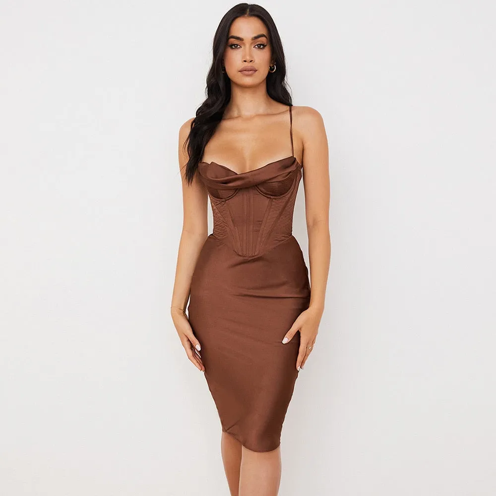 Satin Corset Strappy Midi Dress