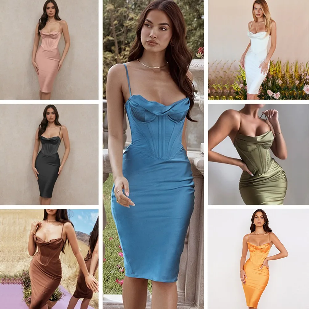 Satin Corset Strappy Midi Dress