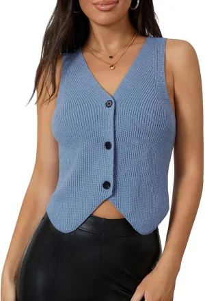 Sawden Women Knit Vest Top Sleeveless Sweater Vest Tank Tops V Neck Button Down Trendy Top
