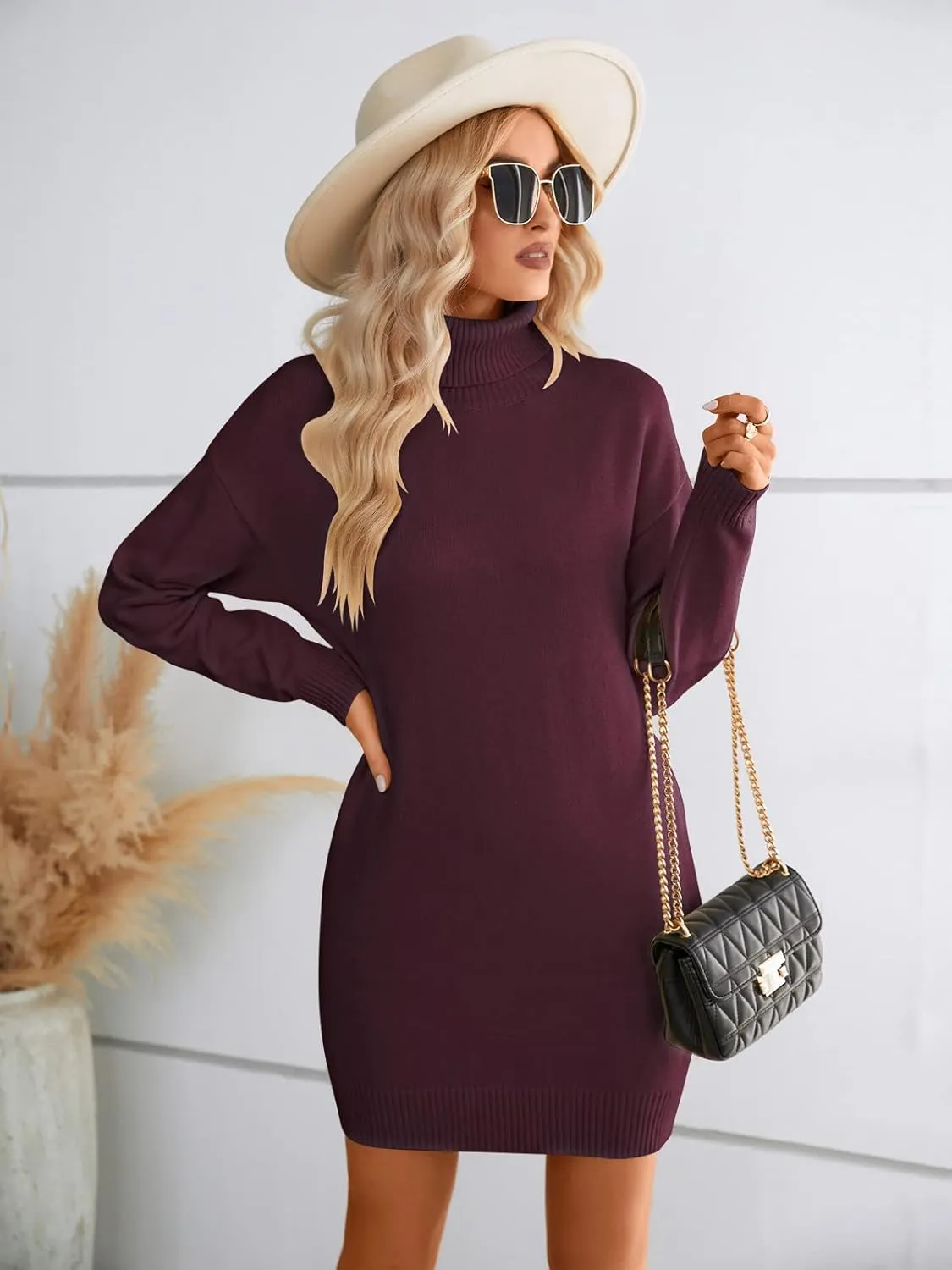 SENFURE Women Turtleneck Sweater Dress Oversized Long Sleeve Knit Pullover Fall Sweater Short Dresses