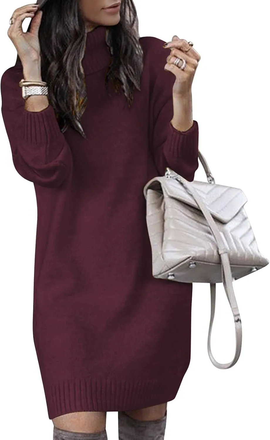 SENFURE Women Turtleneck Sweater Dress Oversized Long Sleeve Knit Pullover Fall Sweater Short Dresses