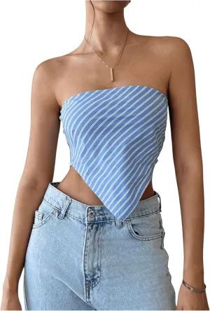 SweatyRocks Women's Striped Tube Top Asymmetrical Strapless Sleeveless Smocked Bandeau Top