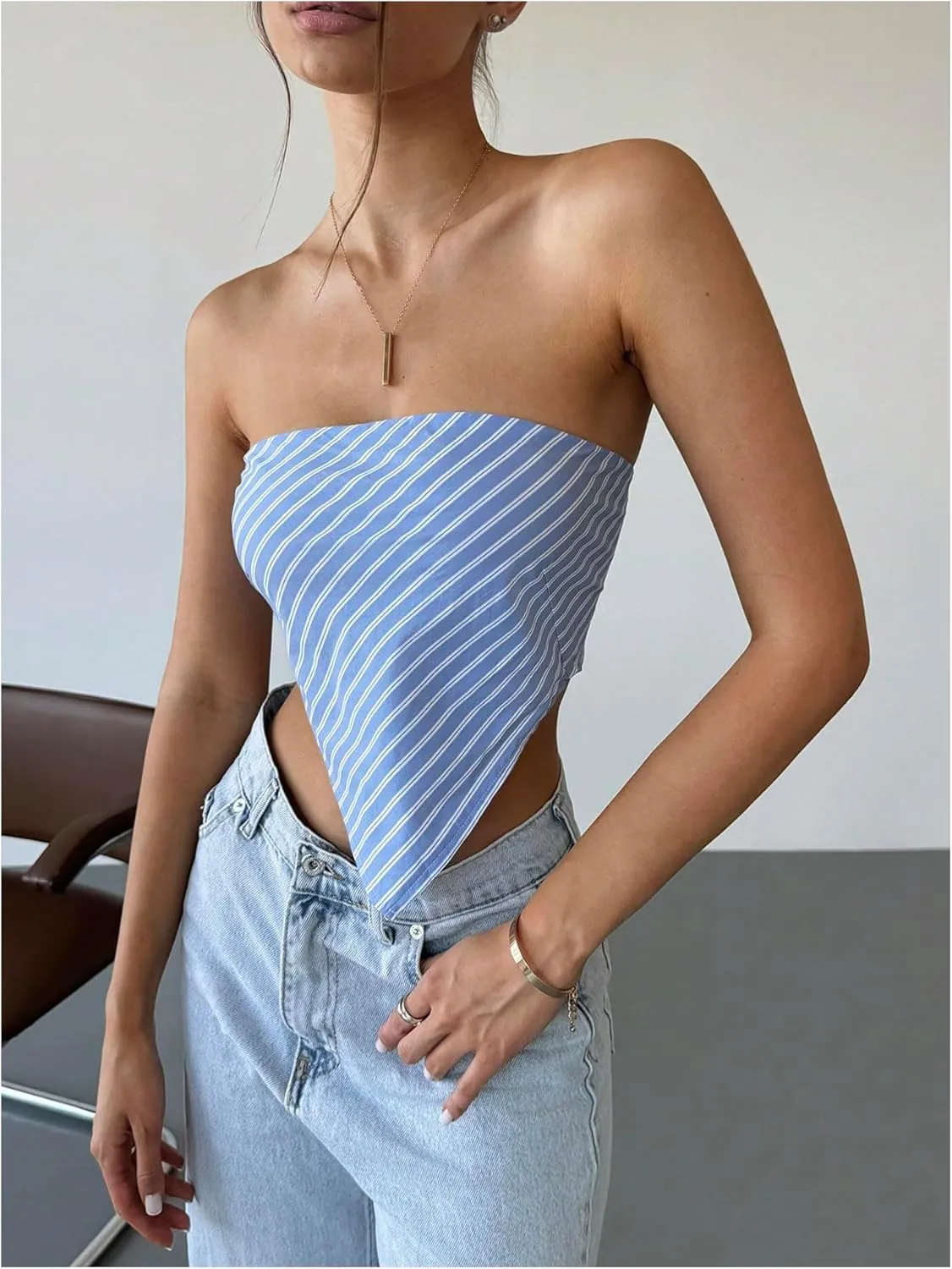 SweatyRocks Women's Striped Tube Top Asymmetrical Strapless Sleeveless Smocked Bandeau Top