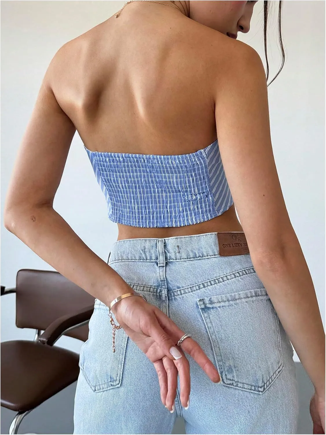 SweatyRocks Women's Striped Tube Top Asymmetrical Strapless Sleeveless Smocked Bandeau Top