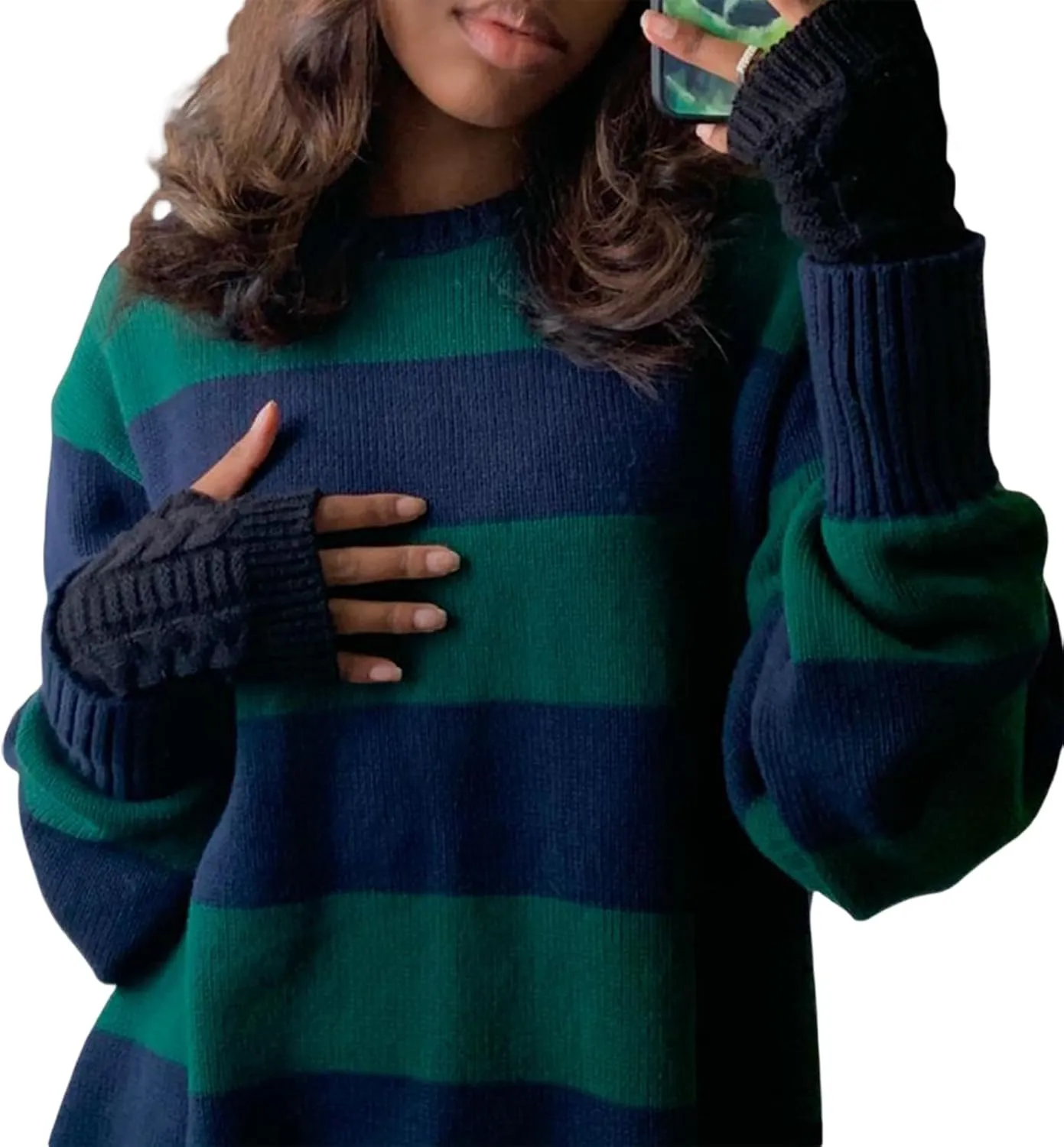 Women 90s Striped Knit Sweater Y2k Long Sleeve Oversized Pullover Sweaters Streetwear Fall Winter Knitwear