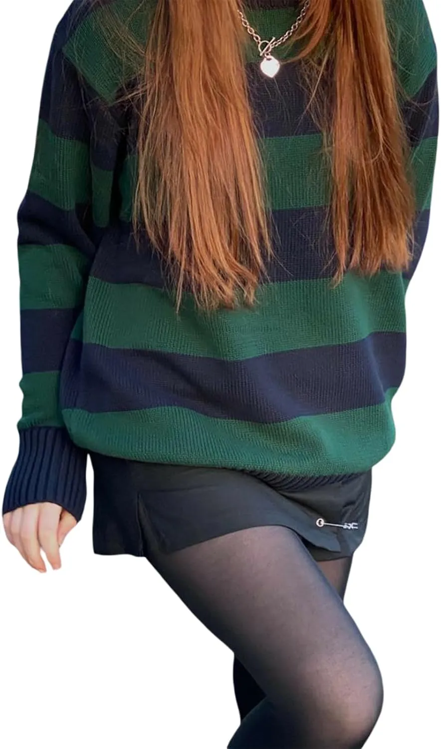 Women 90s Striped Knit Sweater Y2k Long Sleeve Oversized Pullover Sweaters Streetwear Fall Winter Knitwear