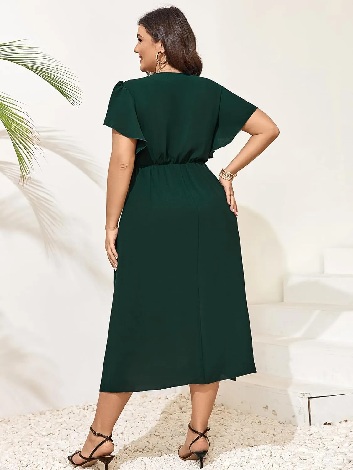 Women Plus Size Maxi Dress Short Sleeve Wrap V Neck Dress High Low Split Long Dress