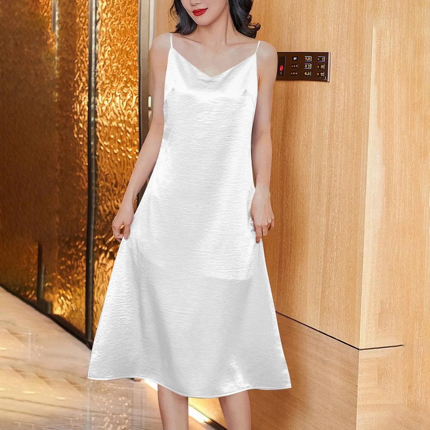 Women Spaghetti Strap Midi Satin Silk Slip Dress Sexy Cowl Neck Party Cocktail Dresses Sling Backless Mermaid Dress