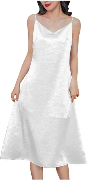 Women Spaghetti Strap Midi Satin Silk Slip Dress Sexy Cowl Neck Party Cocktail Dresses Sling Backless Mermaid Dress