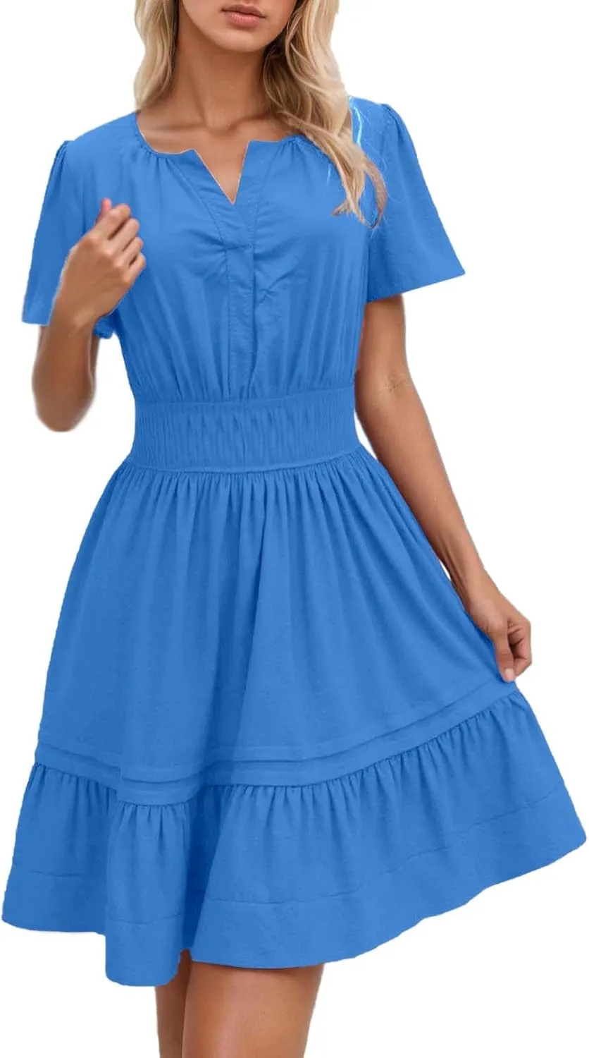Women Summer Mini Short Dress Wrap V Neck Short Flared Sleeve Wedding Guest Dress Beach Vacation Tropical Sundress