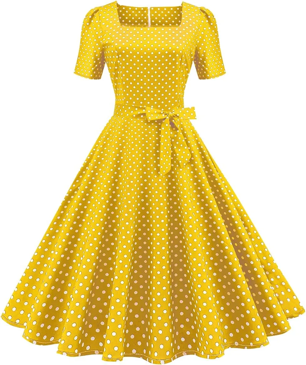 Women Vintage 50s 1950s Dress Square Neck A-line Polka Dot Rockabilly Swing Evening Party Cocktail Dresses