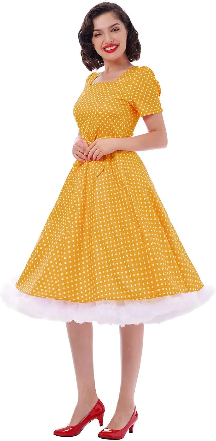 Women Vintage 50s 1950s Dress Square Neck A-line Polka Dot Rockabilly Swing Evening Party Cocktail Dresses