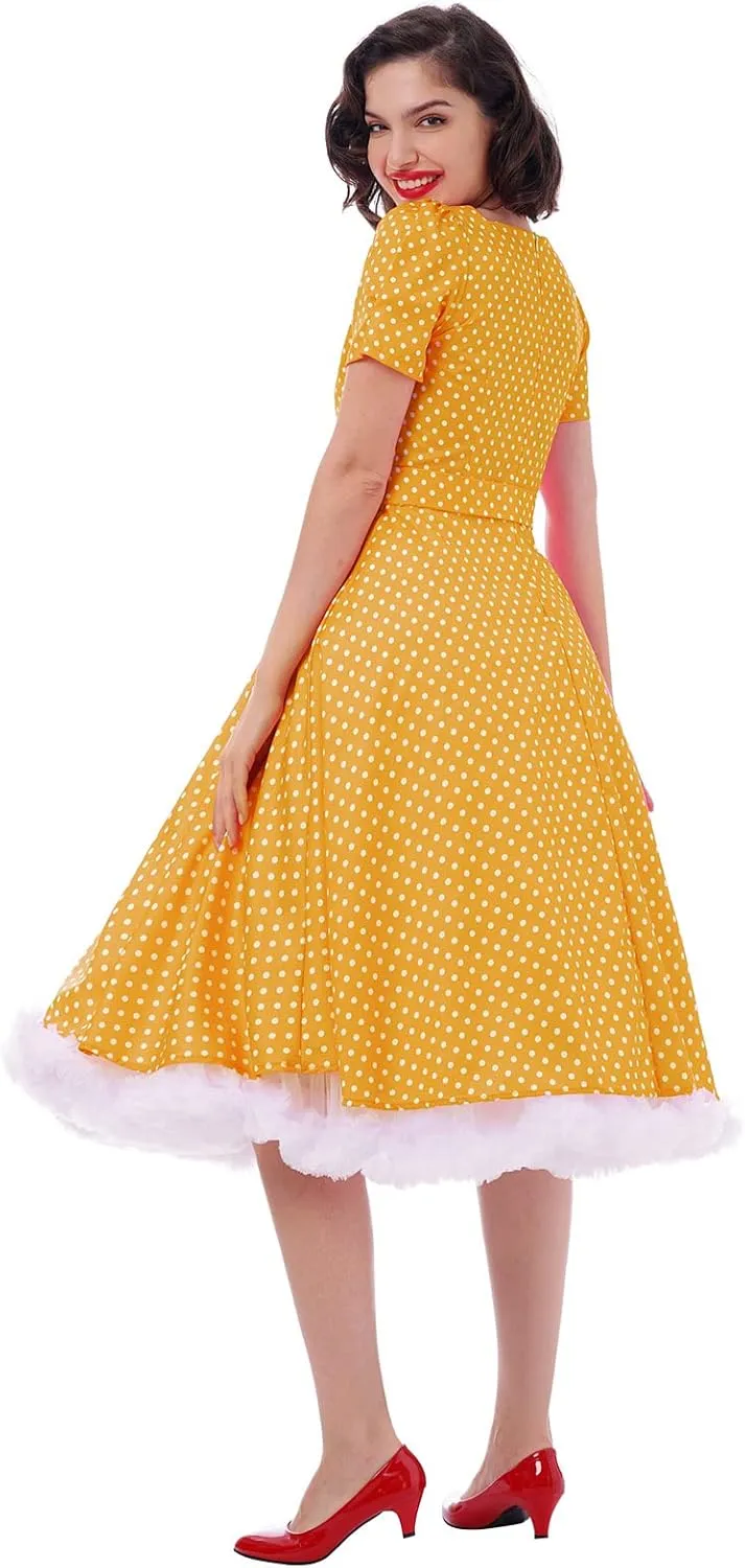 Women Vintage 50s 1950s Dress Square Neck A-line Polka Dot Rockabilly Swing Evening Party Cocktail Dresses