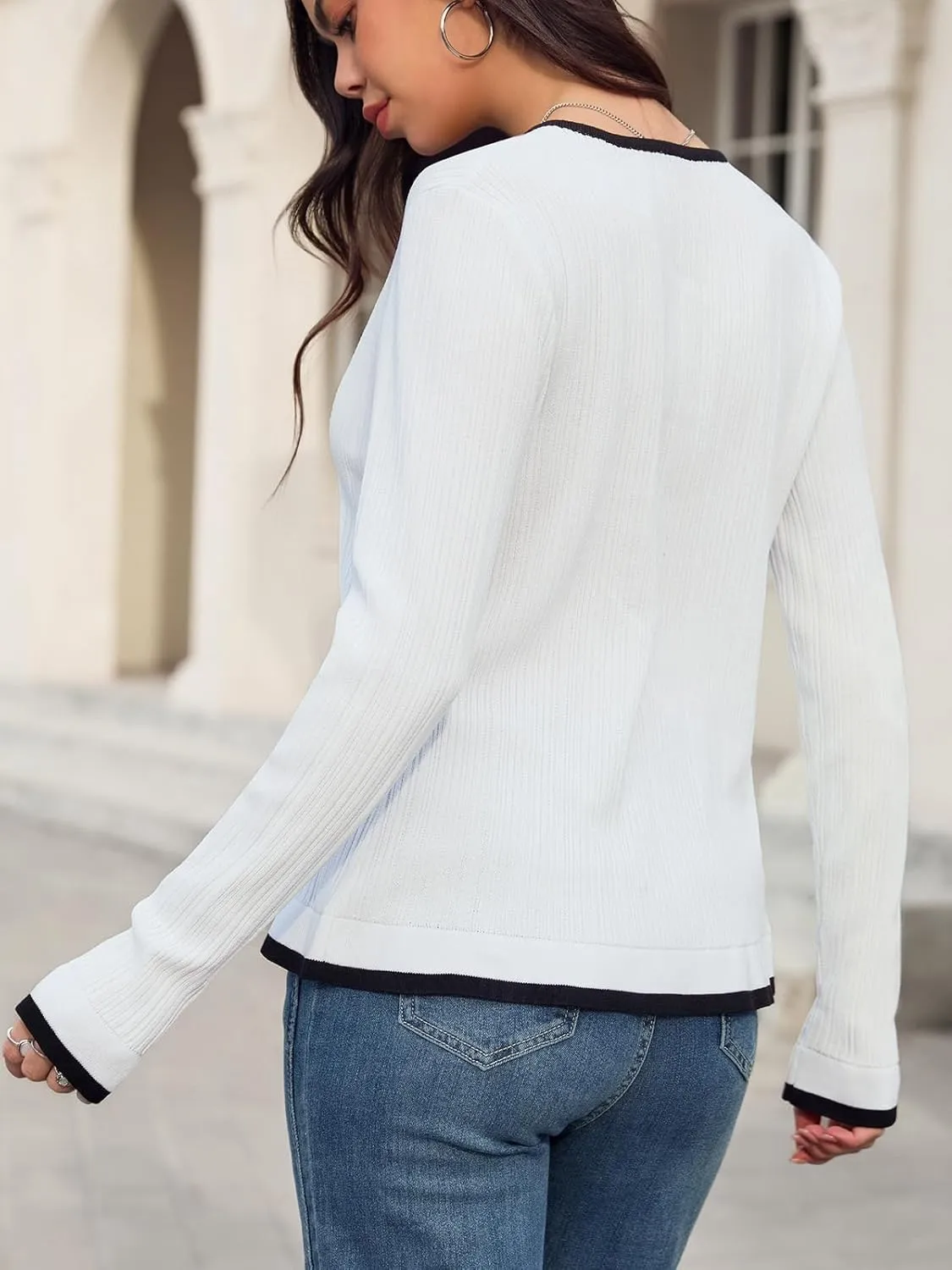 Womens Cardigan Tie Front Open Crop Tops Ribbed Knit Ruffled Contrast Color Edging Lightweight Knitwear Fitted Y2K