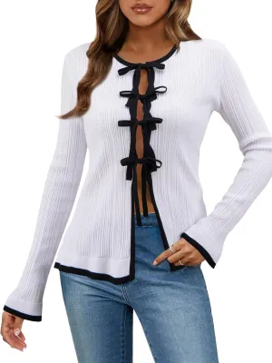 Womens Cardigan Tie Front Open Crop Tops Ribbed Knit Ruffled Contrast Color Edging Lightweight Knitwear Fitted Y2K