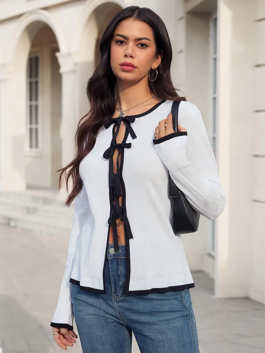 Womens Cardigan Tie Front Open Crop Tops Ribbed Knit Ruffled Contrast Color Edging Lightweight Knitwear Fitted Y2K