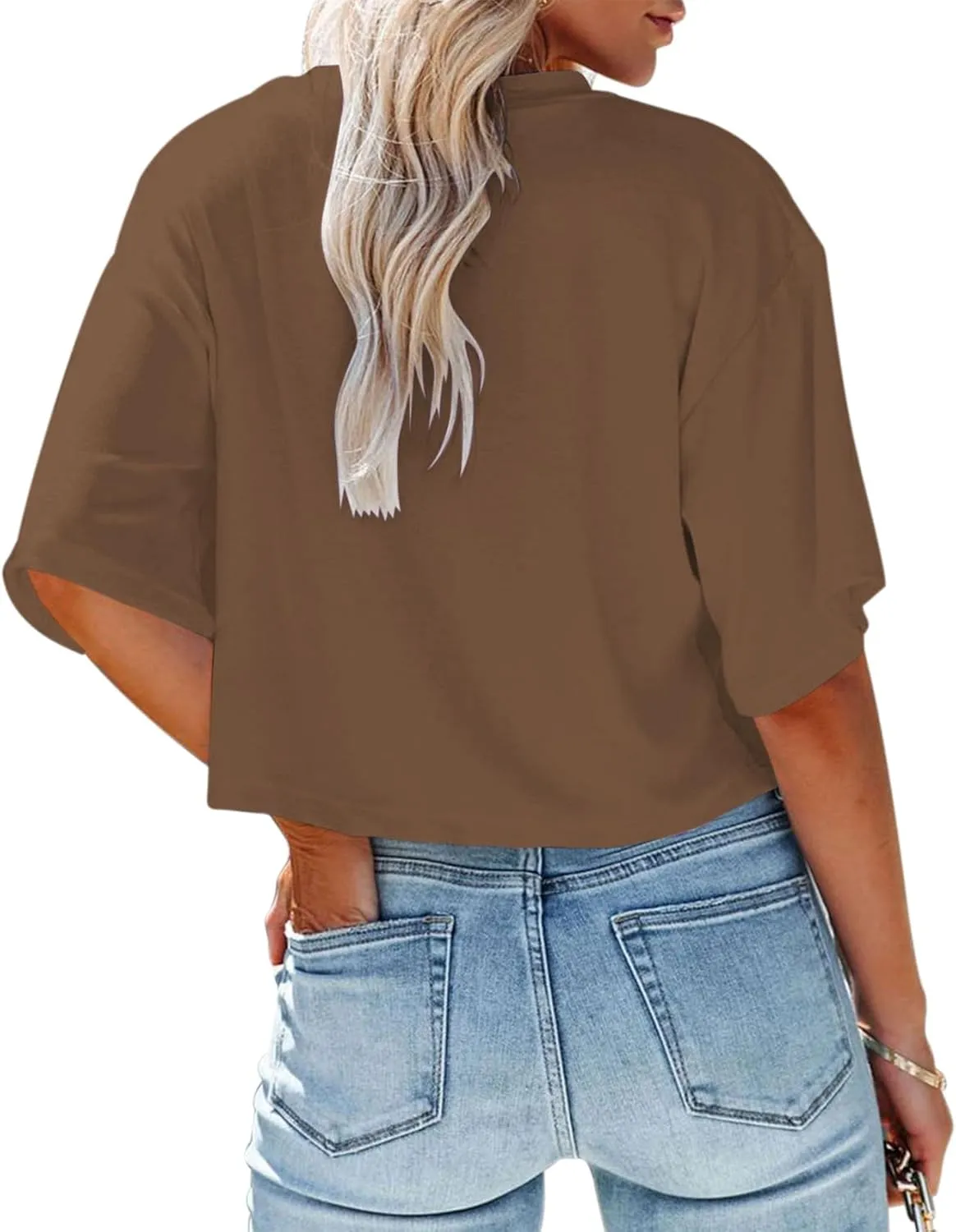 Women's Crop Tops Trendy 2025 Half Sleeve Crewneck Boxy Cropped Tee Shirts Summer Workout Tops