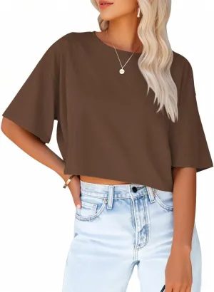 Women's Crop Tops Trendy 2025 Half Sleeve Crewneck Boxy Cropped Tee Shirts Summer Workout Tops