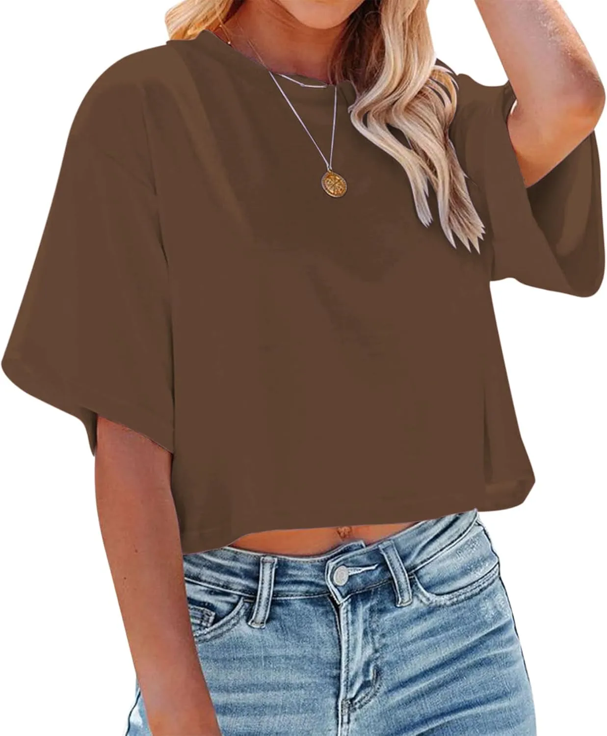 Women's Crop Tops Trendy 2025 Half Sleeve Crewneck Boxy Cropped Tee Shirts Summer Workout Tops