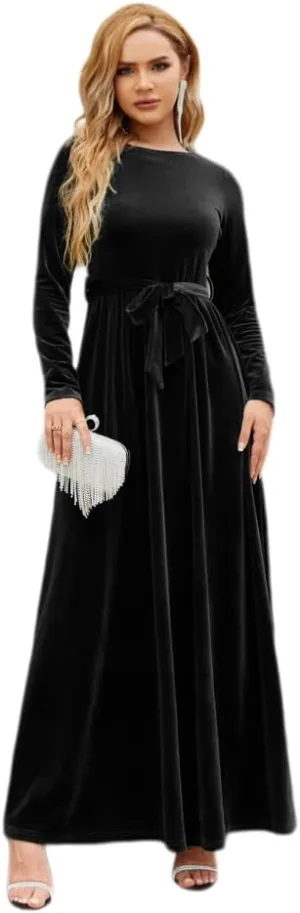 Women's Fall Winter Dress Long Sleeve Velvet Long Maxi Dress with Belt Party Dress Flowy A Line Wedding Guest Dress