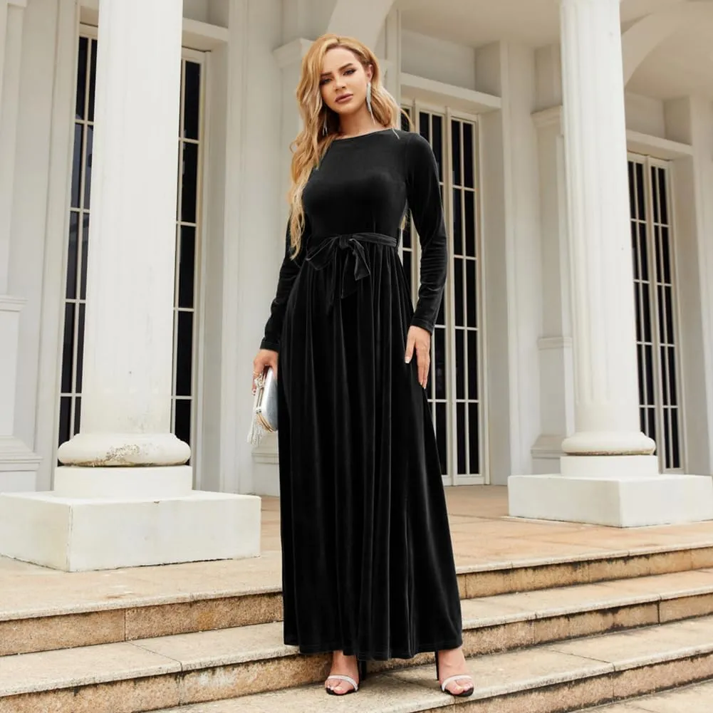 Women's Fall Winter Dress Long Sleeve Velvet Long Maxi Dress with Belt Party Dress Flowy A Line Wedding Guest Dress