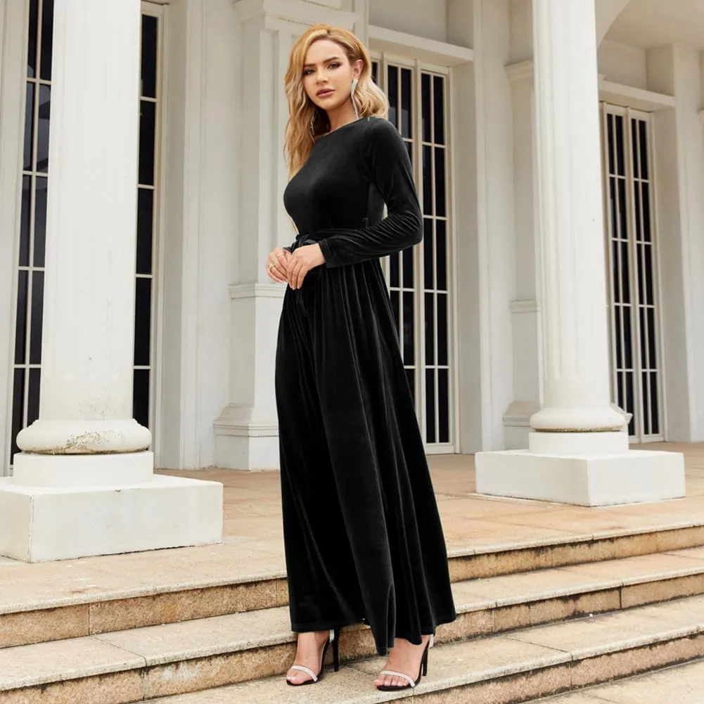 Women's Fall Winter Dress Long Sleeve Velvet Long Maxi Dress with Belt Party Dress Flowy A Line Wedding Guest Dress