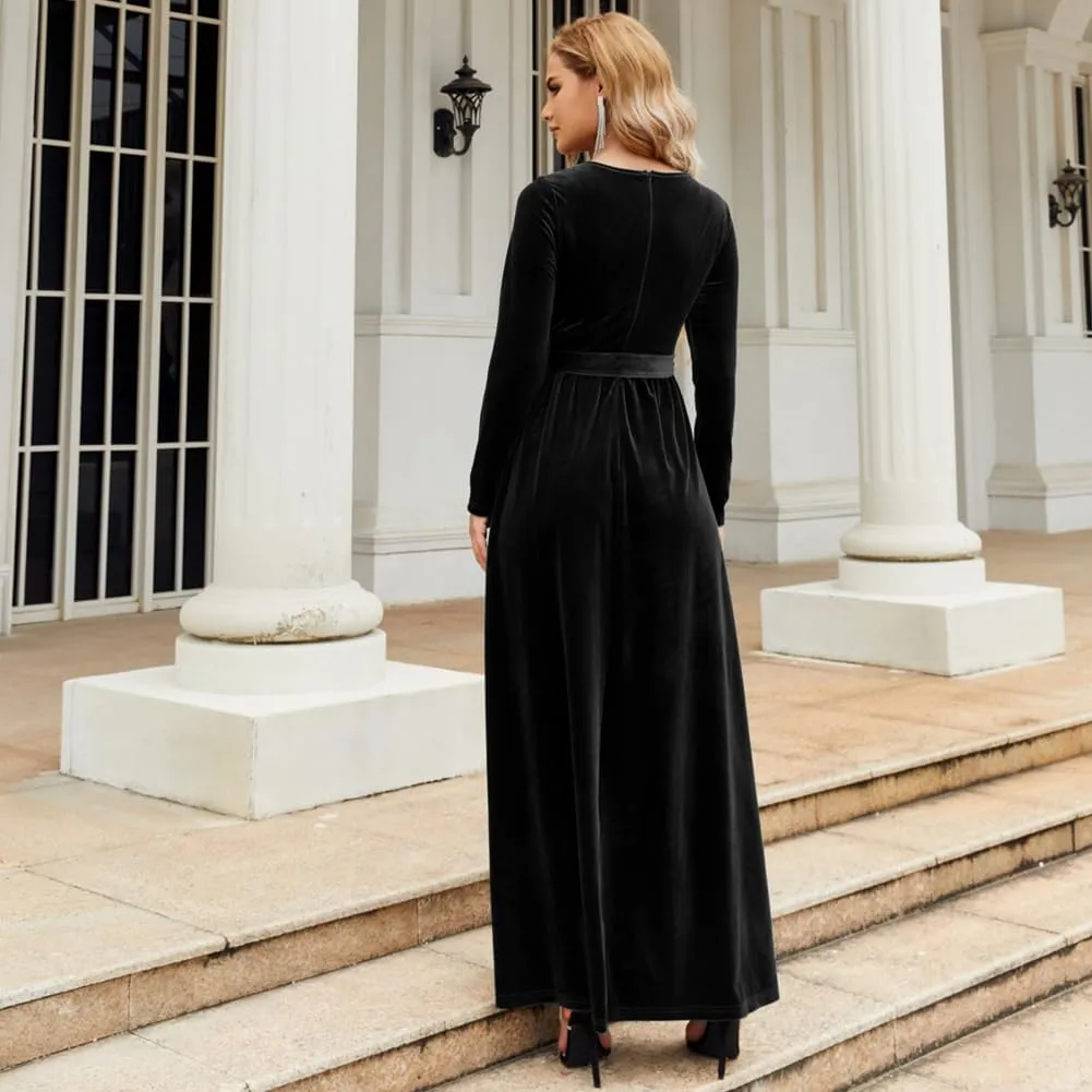 Women's Fall Winter Dress Long Sleeve Velvet Long Maxi Dress with Belt Party Dress Flowy A Line Wedding Guest Dress