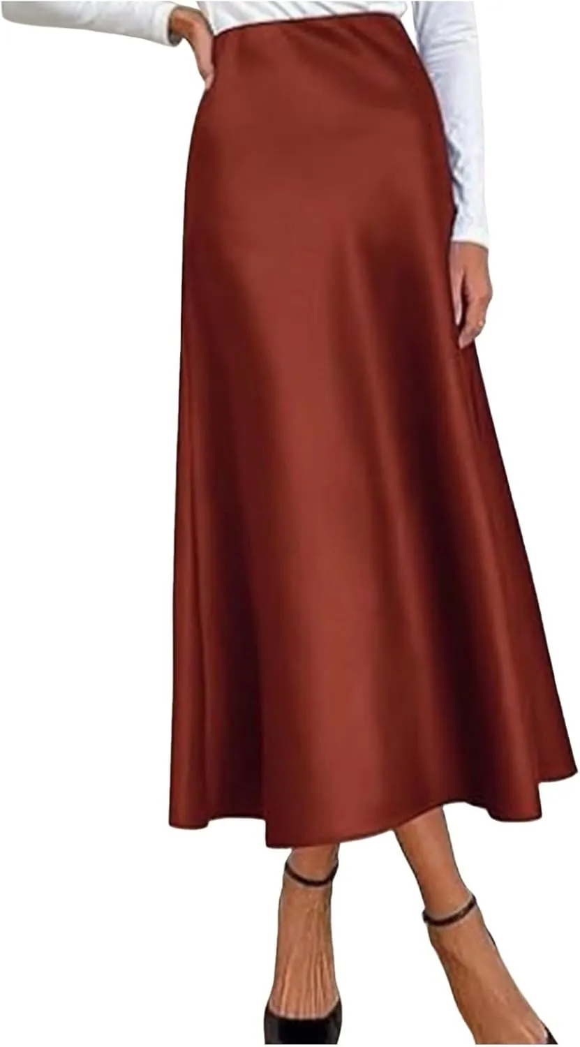 Women's Satin Silk Maxi Skirts High Waist Hidden Elasticized Waistband Flared Casual A Line Midi Skirt Cocktail Party
