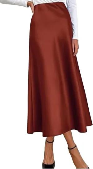 Women's Satin Silk Maxi Skirts High Waist Hidden Elasticized Waistband Flared Casual A Line Midi Skirt Cocktail Party
