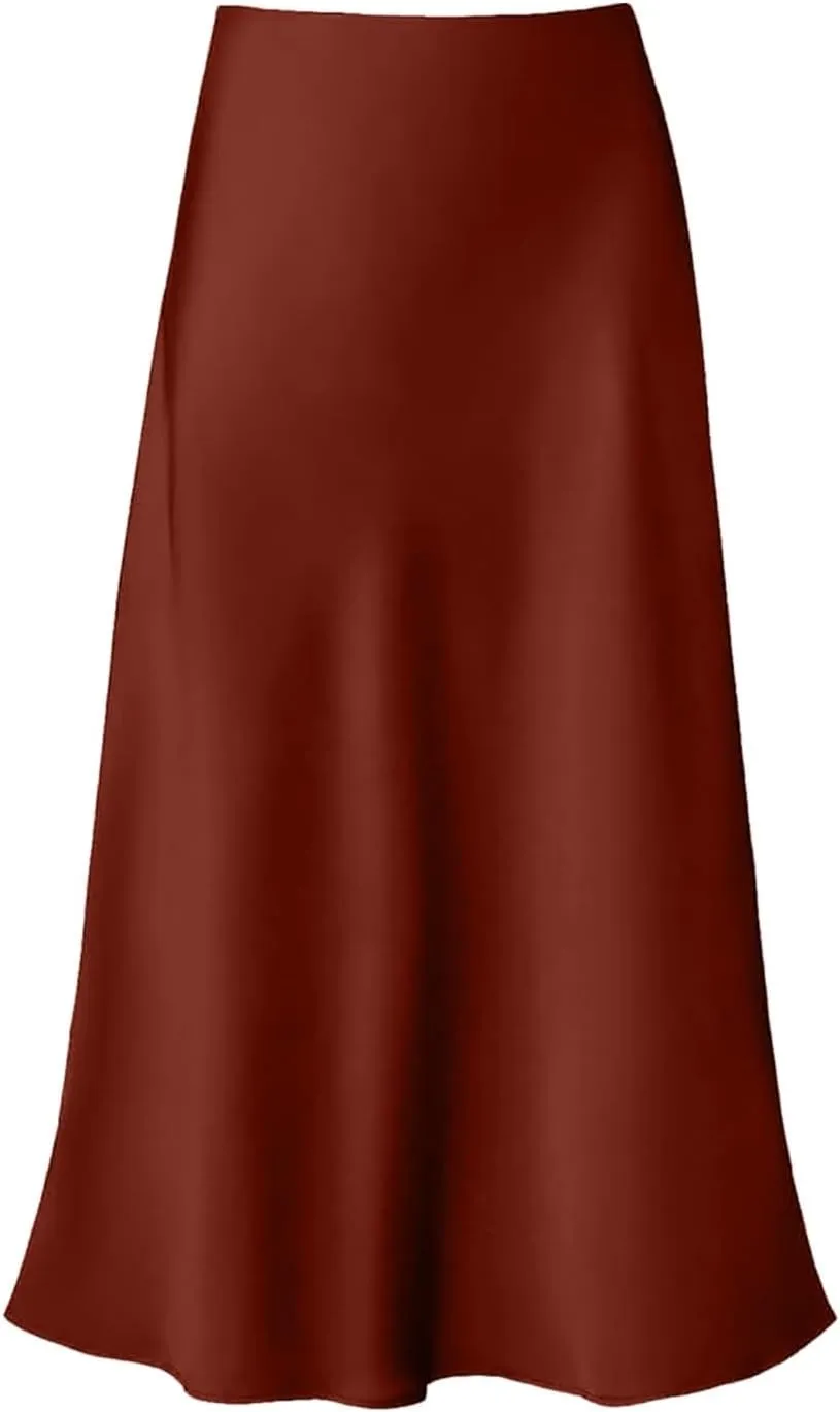 Women's Satin Silk Maxi Skirts High Waist Hidden Elasticized Waistband Flared Casual A Line Midi Skirt Cocktail Party