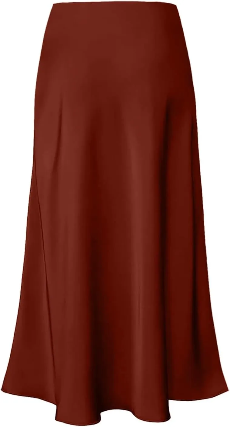 Women's Satin Silk Maxi Skirts High Waist Hidden Elasticized Waistband Flared Casual A Line Midi Skirt Cocktail Party