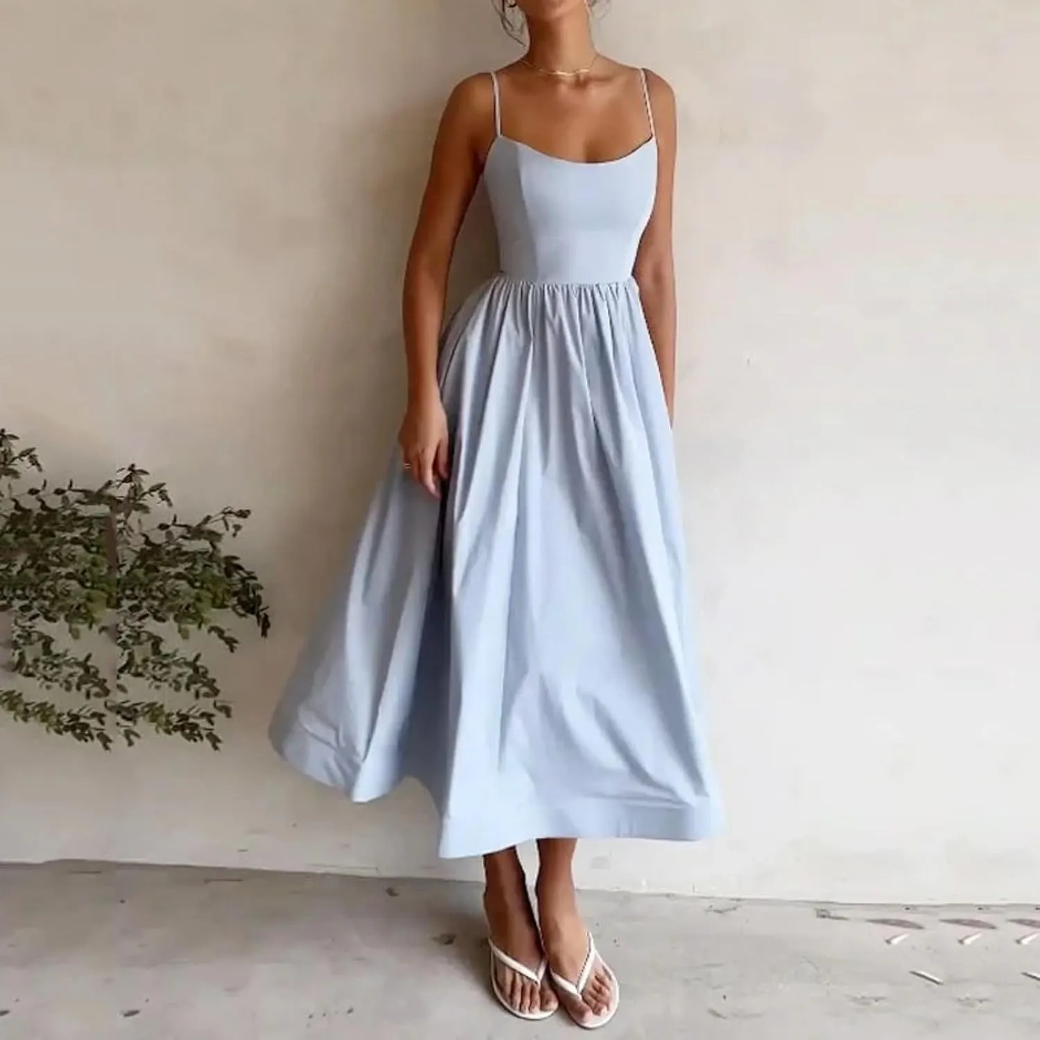 Women's Sexy Low Cut Spaghetti Strap Long Dresses Sleeveless Backless Slimd Midi Dress Square Neck Bustier Dress