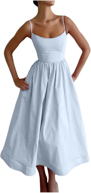 Women's Sexy Low Cut Spaghetti Strap Long Dresses Sleeveless Backless Slimd Midi Dress Square Neck Bustier Dress