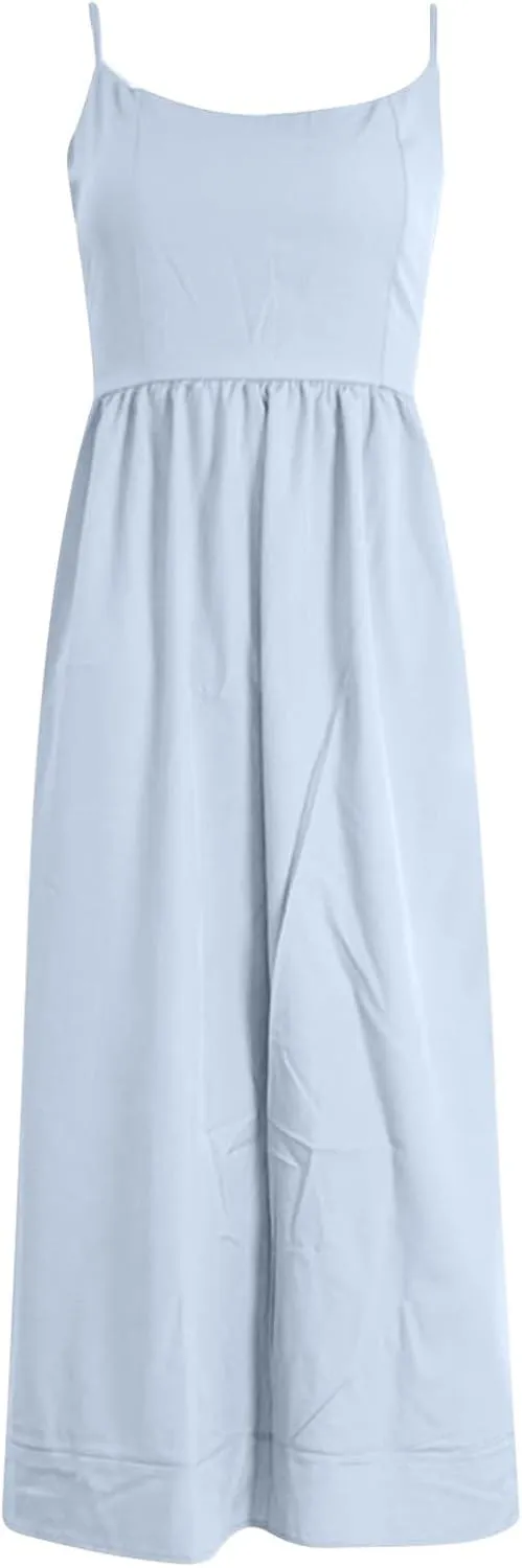 Women's Sexy Low Cut Spaghetti Strap Long Dresses Sleeveless Backless Slimd Midi Dress Square Neck Bustier Dress