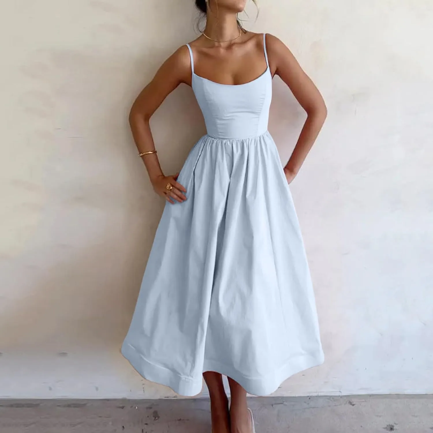 Women's Sexy Low Cut Spaghetti Strap Long Dresses Sleeveless Backless Slimd Midi Dress Square Neck Bustier Dress