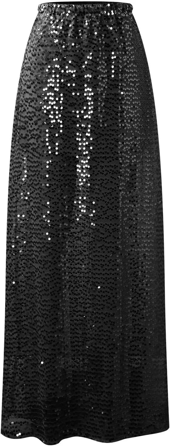 Women's Shiny Sparkly Sequin Maxi Skirt Sexy Glitter High Waist Stretchy Long Skirts Night Out Bodycon Party Clubwear