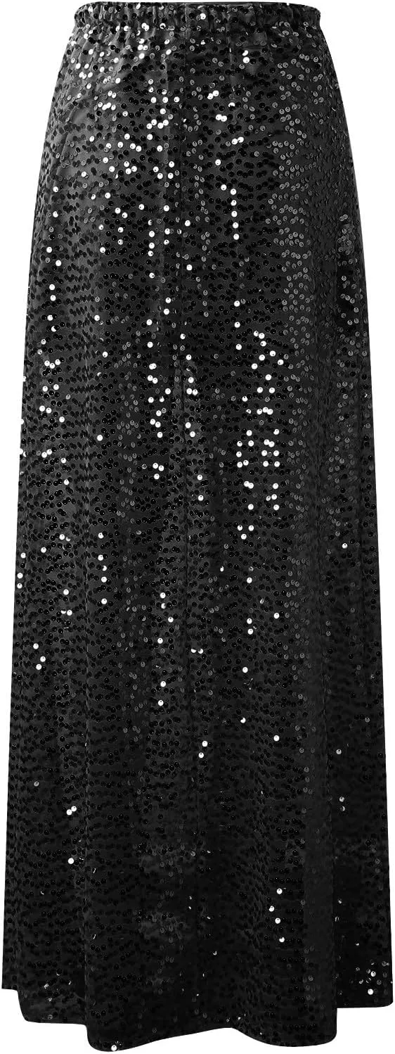Women's Shiny Sparkly Sequin Maxi Skirt Sexy Glitter High Waist Stretchy Long Skirts Night Out Bodycon Party Clubwear