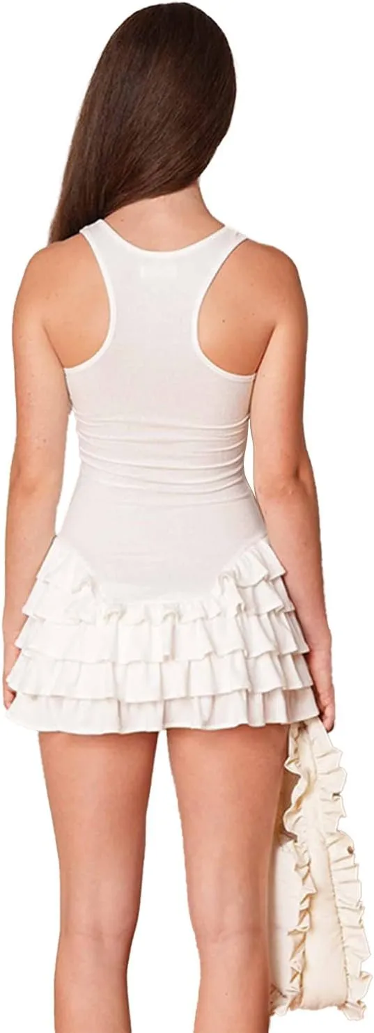 Women's Summer Frill Rank Dress Sleeveless Bodycon Tiered Ruched Dress Skim Hem Dress