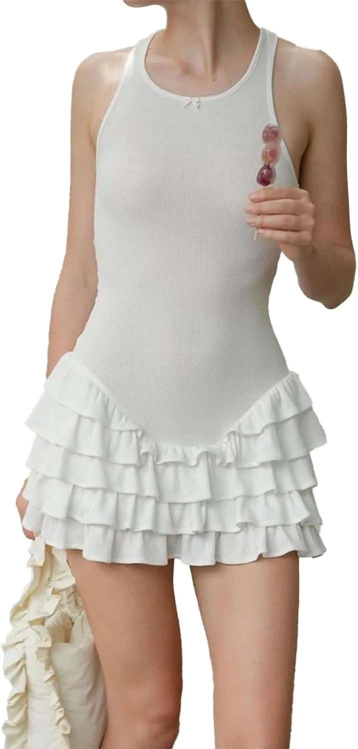 Women's Summer Frill Rank Dress Sleeveless Bodycon Tiered Ruched Dress Skim Hem Dress