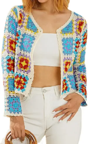 Womens Vintage Crochet Granny Square Cardigan Jumper Long Sleeve Button Down Floral Knitted Sweater Knitwear Cardigan