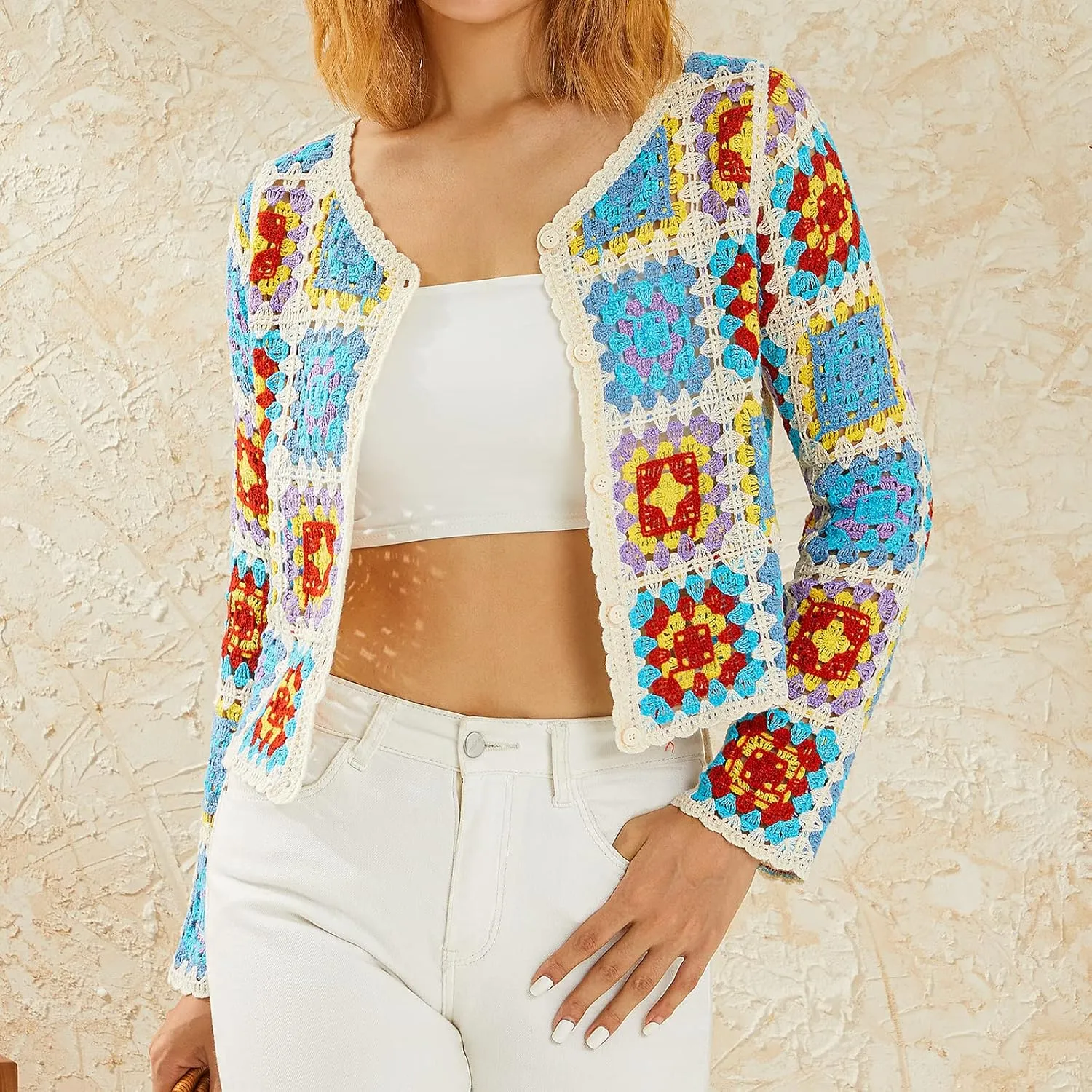 Womens Vintage Crochet Granny Square Cardigan Jumper Long Sleeve Button Down Floral Knitted Sweater Knitwear Cardigan