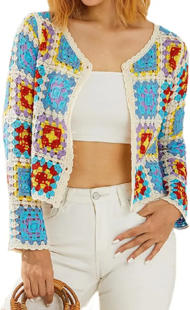 Womens Vintage Crochet Granny Square Cardigan Jumper Long Sleeve Button Down Floral Knitted Sweater Knitwear Cardigan