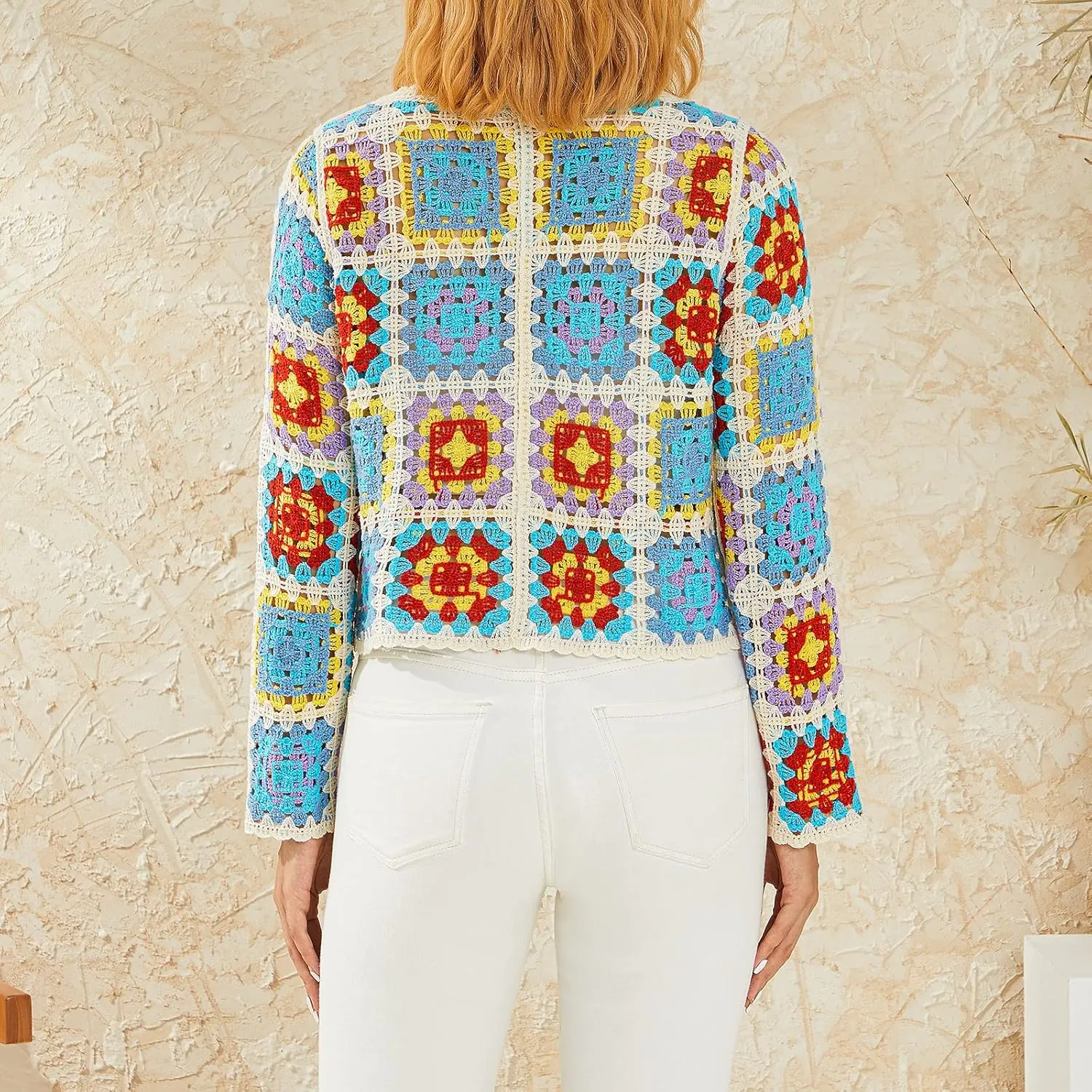 Womens Vintage Crochet Granny Square Cardigan Jumper Long Sleeve Button Down Floral Knitted Sweater Knitwear Cardigan